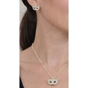 Mardi Gras Mask Necklace Earrings Set Gold Tone Rhinestone